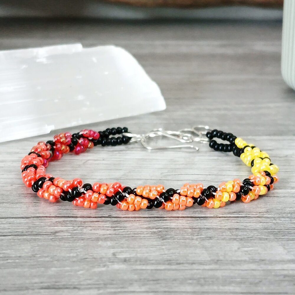 Adjustable Gradient Beaded Bracelet, Seed Bead Jewelry, Red Orange Yellow Black